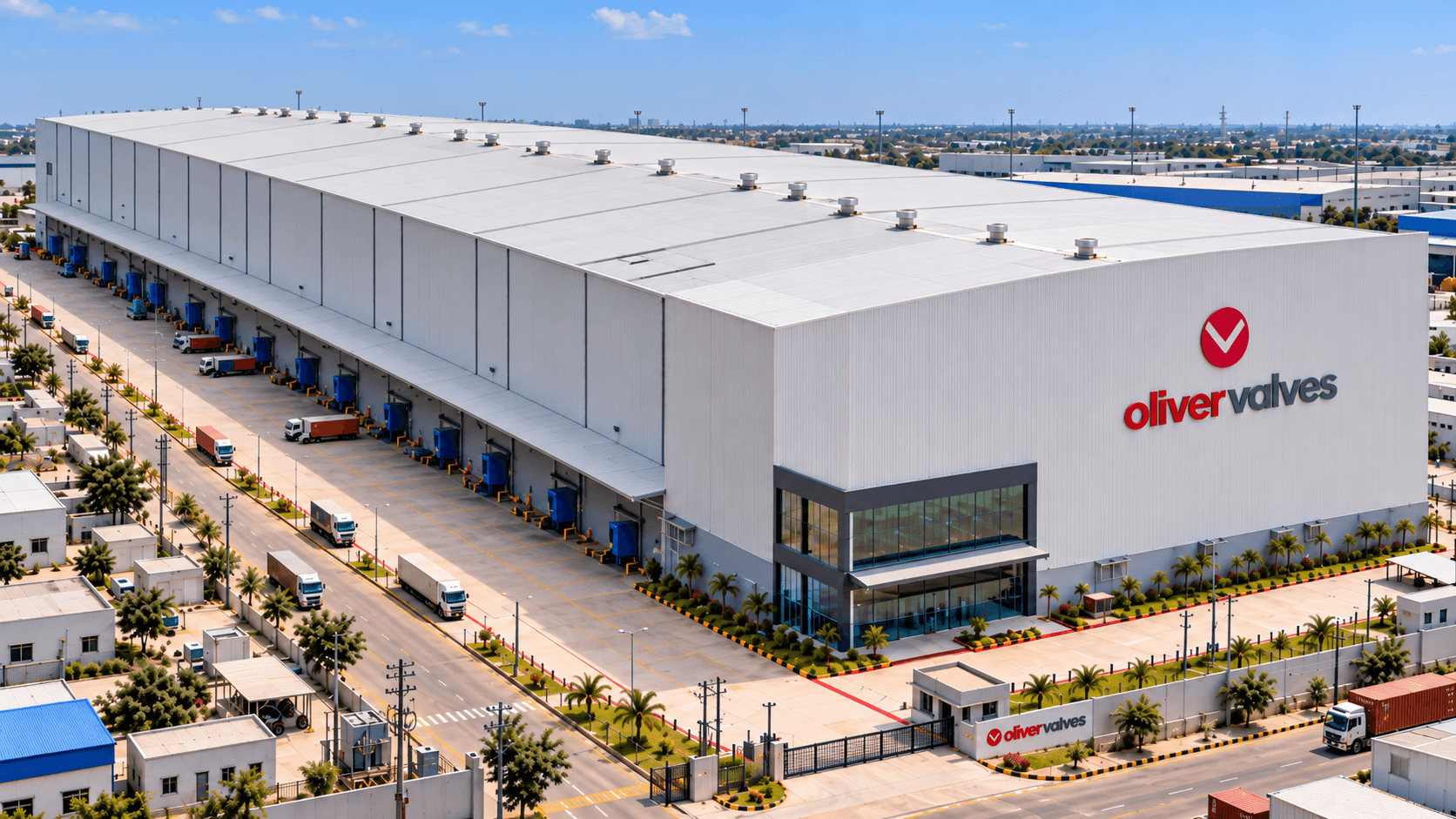 Aerial view of the Oliver Valves warehouse with loading docks