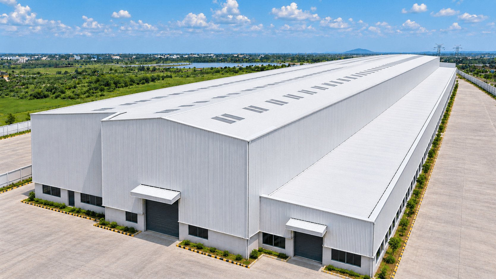 Aerial view of a large white warehouse with a steel roof
