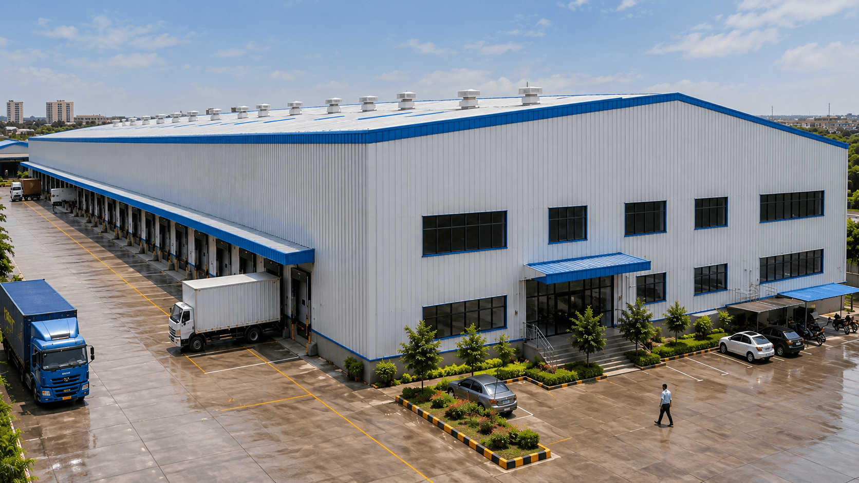 White and blue industrial shed with loading docks and a parked truck